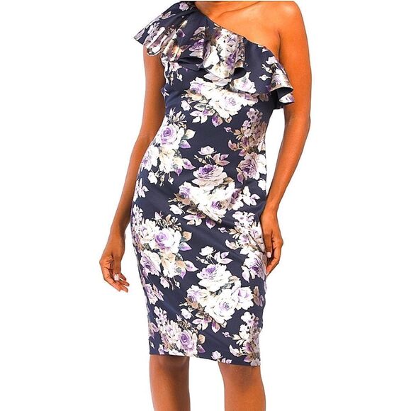 ELIZA J One Shoulder metallic Floral popover ruffle top Dress Size: 2 - Picture 1 of 12